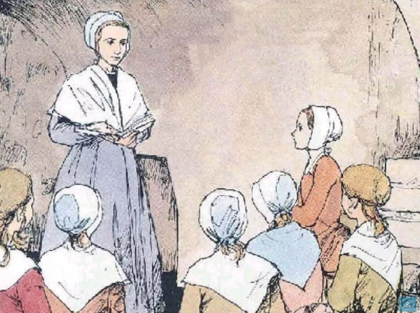Marie Micheau was the first school-teacher who taught the children reading, writing and catechism.